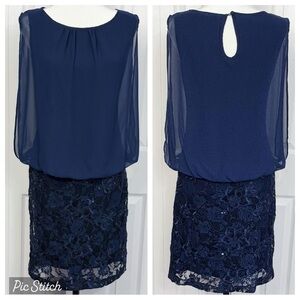 NWT Scarlett Navy Blue Sheer Chiffon Sequined Floral Lace Sheath Dress